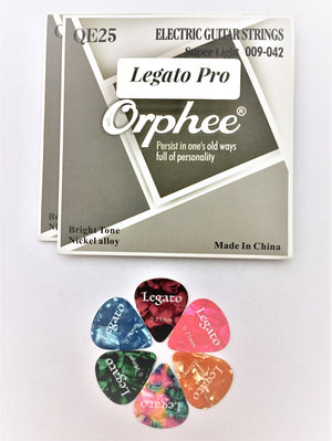 Legato Electric Guitar Strings Professional - (2 Sets) Nickel Alloy w/ 6 Guitar Picks (Super Light 09-42) Coated